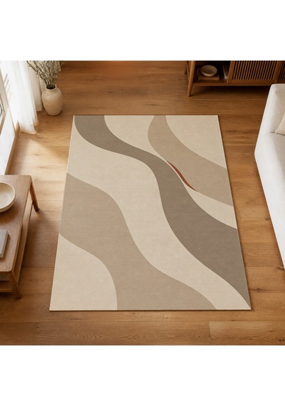 Kartela Halı Akış Dalgalı Modern Halı Bej Kaymaz Taban Makinede Yıkanabilir Salon Halısı 120x180 Cm