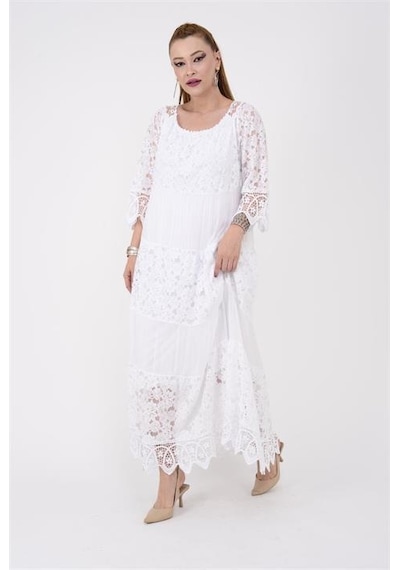 Eren Style İtalyan Sunshine İpek Detaylı Dantelli Elbise-9033 Beyaz