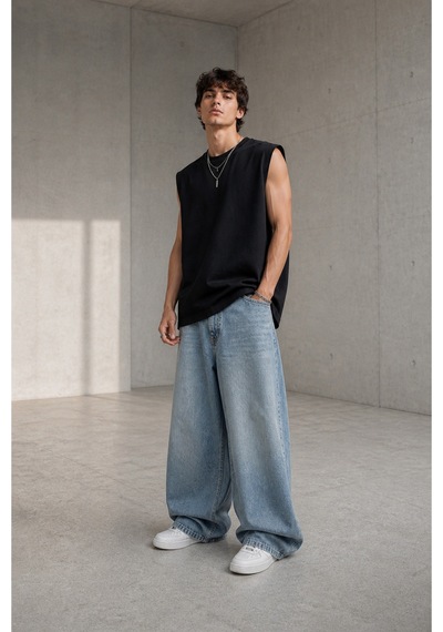 Thiff Erkek Oversize Kolsuz T-shirt Tişört Atlet Siyah