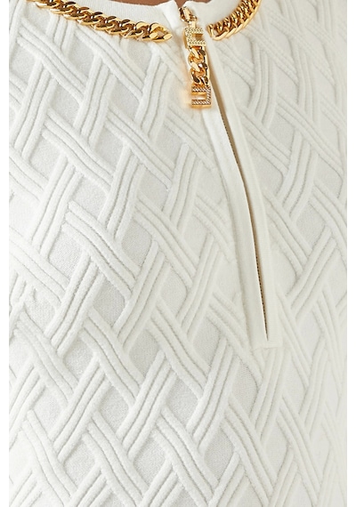 Elit Elisabetta Franchi Diamond Trim Jakar Triko, Metal Detaylı Mini Elbise Abiye Beyaz 44