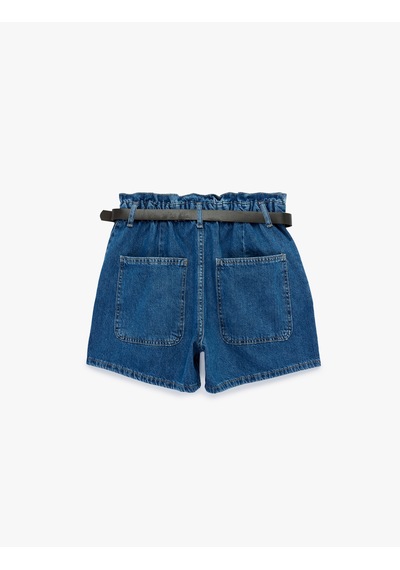 Koton Yüksek Bel Cepli Pamuklu Kemerli Denim Şort Orta İndigo 6sal40038md