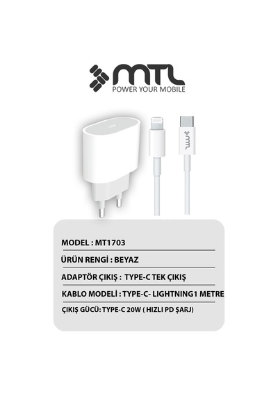 20w Pd Qc 4.0 Destekli Type-c Çıkışlı Adaptör + Type-c To Lightning Kablo Hızlı Şarj Seti Mt1703