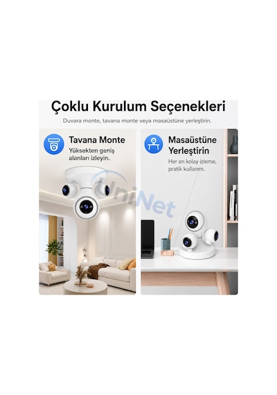 Uninet Üç Kameralı Wifi Iç Mekân Güvenlik Kamerası Üçlü Görüntü, Uzaktan Izleme Ve Gece Görüşü 355 Derece Ptz Kamera
