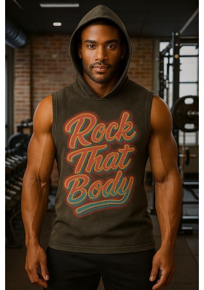 Technomonkey Siyah Erkek Kapüşonlu Antrenman Sporcu Atleti Oversize Yıkamalı Rockthatbody Baskılı Kolsuz T-shirt