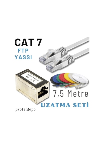 Irenıs 7,5 Metre, Beyaz Cat7 Kablo Yassı Ftp Ethernet Network Lan Ağ Kablo Ve Ekleyici