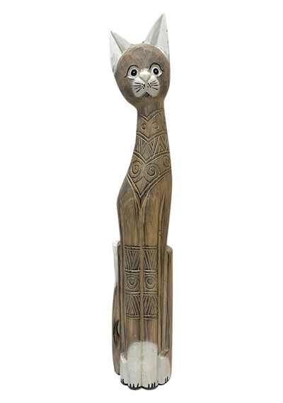 Ahşap Dekoratif Kedi 80 Cm K.kahve Otantik El Yapımı Biblo