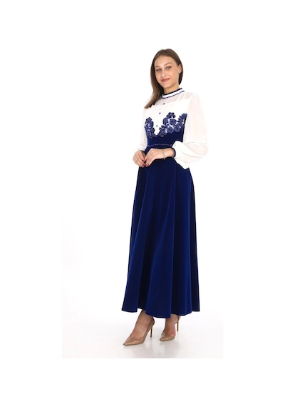 Göğüs Dantel İşlemeli Kadife Abiye 2743- Saks