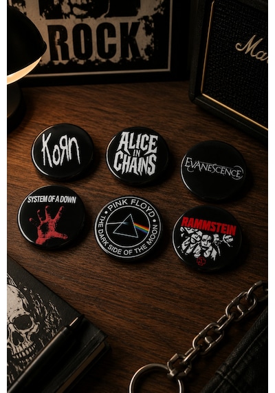 Mashspot 6 Lı Rock Metal Rozet Seti 2 Korn, Alice İn Chains, Rammstein, Pink Floyd, Evanescence, System Of A Down 58 Mm Çok Renkli