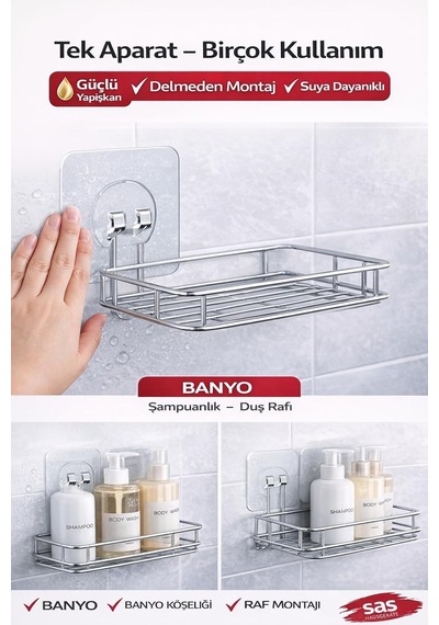 Sas Haus 4'lü Banyo Rafı Yapışkanı Delmeden Şampuanlık Ve Banyo Köşelik Montaj Aparatı Çok Renkli