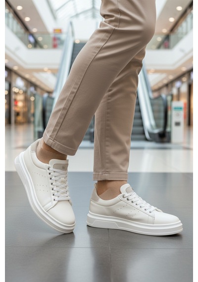 Beyaz Bağcıklı Cilt Hafif Esnek Erkek Sneaker 179 M Beyaz