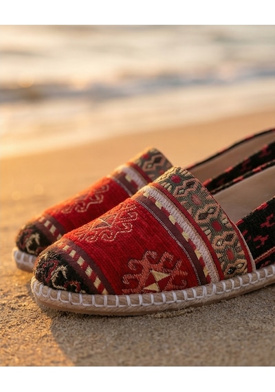 Futsishoes Magnolıa Kırmızı Kilim Desenli Hakiki Deri Kadın Etnik Desen Espadril Ayakkabı