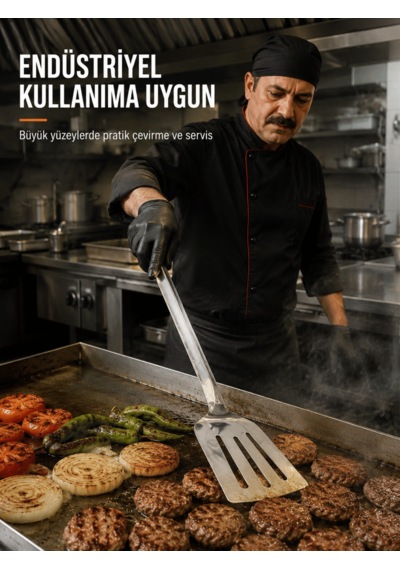Beylini Endüstriyel Servis Spatulası Delikli Paslanmaz Çelik Uzun Saplı Geniş Yüzeyli Asılabilir Izgara Tava Lokanta Okul Yemekhane Profesyonel No3 Gri