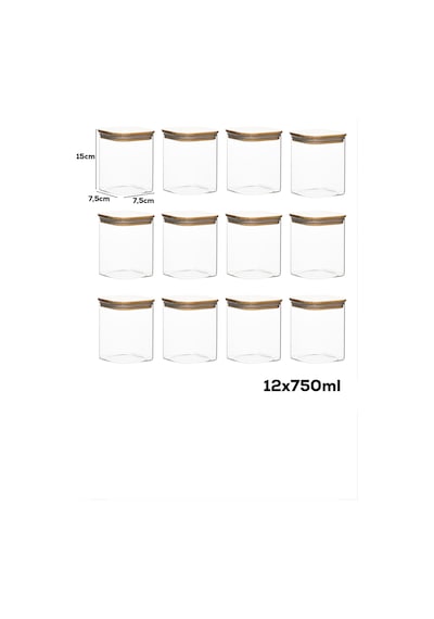 Porsima 5-4 Bambu Vakumlu Kapaklı Kare Borsilikat Cam 12li Kavanoz Seti Saklama Kabı 750ml 7,5x15cm