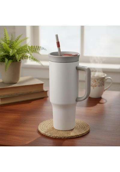1200 Ml Pipetli Ve Kulplu Çelik Termos - Yeşil Ve Beyaz Renk Seçenekli Dev Boy Sıcak/soğuk Tutucu Seyahat Bardağı Beyaz Çok Renkli
