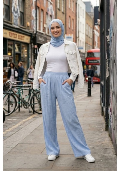 Hb Harma Time Butik Kadın Beli Lastikli Çilek Kumaş Mavi Salaş Pantolon Mavi Mavi