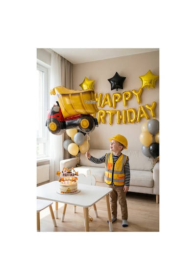 İnşaat Damperli Kamyon Folyo Balon 79x66 Cm İnşaat Temalı Çocuk Doğum Günü Parti Süsü Çok Renkli
