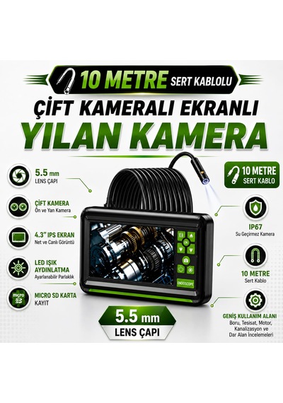 10 Metre Çift Lens Ekranlı Yılan Kamera 5.5mm Lens Sert Kablo