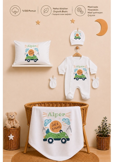 Pia Baby Kişiye Özel İsimli Erkek Bebek Hastane Çıkış Seti 11 Parça %100 Pamuk 2007113x Ekru