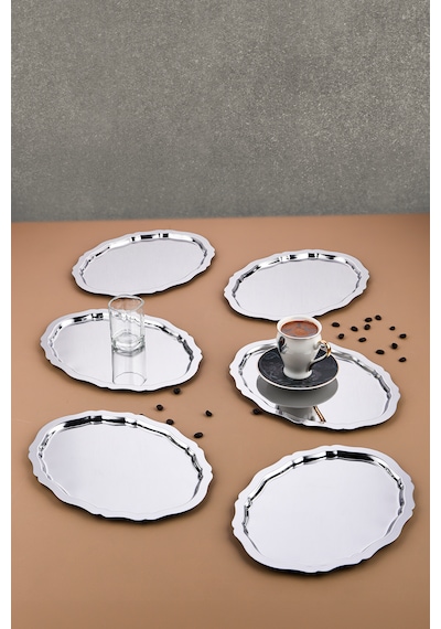 6 Adet Paslanmaz Çelik Oval Dalgalı Sade Kahve Ve Sunum Tepsisi 25x20 cm