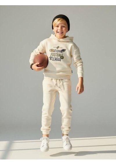 Zekids Erkek Çocuk Sırt Baskılı Football League Yazılı Kapüşonlu Sweatshirt-16639 Ekru