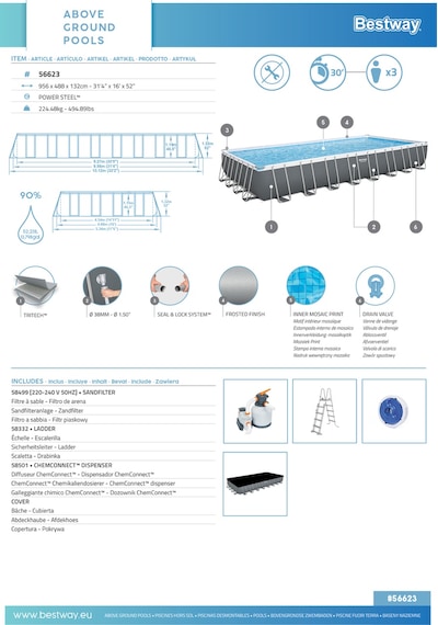 Bestway 56623 Power Steel Prefabrik Dikdörtgen Yer Üstü Havuz Seti 9,56 M X 4,88 M X 1,32 M