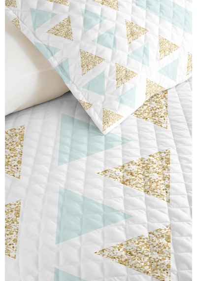 Geometrik Mint Genç Odası Tek Kişilik Pike Takımı-üçgen Beyaz Gold 160x220 Cm Kapitone Yatak Örtüsü Hafif Sis Ufku