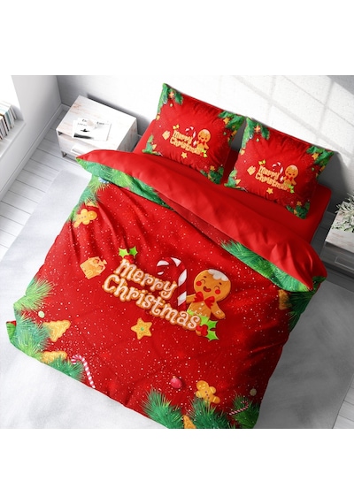 Monohome Yılbaşı Süsü Merry Christmas 3D Çift Kişilik Nevresim Takım Kırmızı