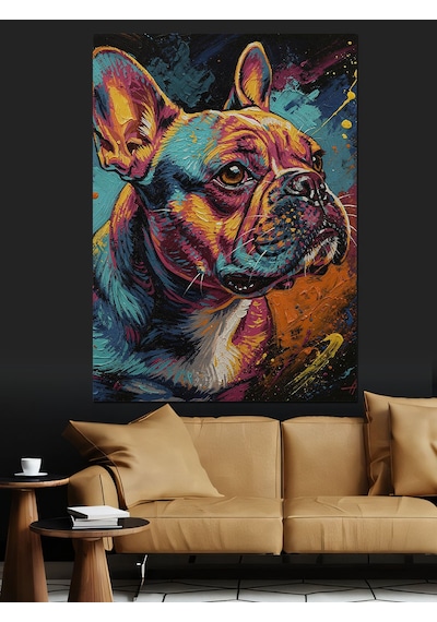 Ahşap Tablo Renkli Fransız Bulldog Portresi