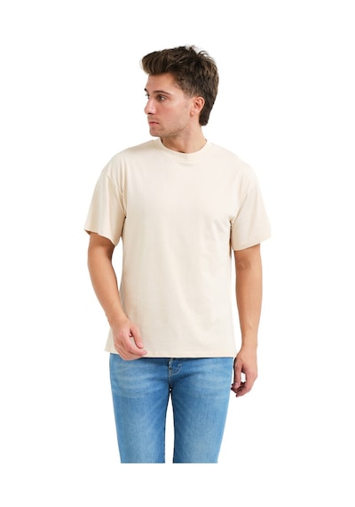 Justever 100% Pamuk Oversize Fit Bisiklet Yaka Bej Erkek T-shirt - Alpha Bej