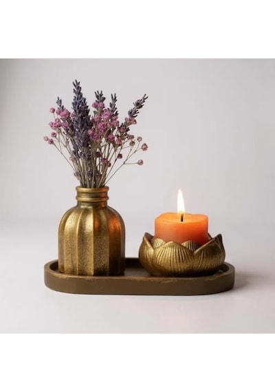 Mireva Lotus Tealight Mumluk Ve Mini Vazo Seti Dekoratif Tepsi Üzerinde Altın Renk Mumluk Seti, Masa &amp Sehpa E Çok Renkli