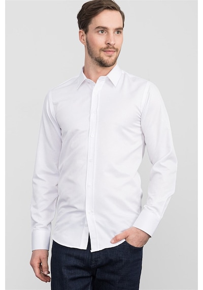 Tudors Modern Slim Fit Dar Kesim Armürlü Erkek Gömlek-13392 Beyaz