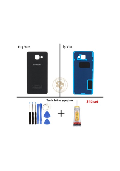 Samsung Galaxy A5 2016 A510 Siyah Renk Arka Kapak + Tamir Seti + B7000 Yapıştırıcı Arka Cam Batarya Kapağı Pil Kapağı Lazer Kesim Back Cover Galaxy A5 2016 Uyumlu