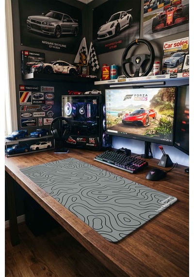 Gri Siyah Topografik Dalga Deseni 40x90 Cm Oyuncu Mousepad Kaymaz Taban Büyük Boy Mousepad