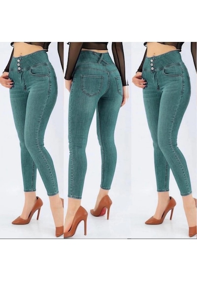 Defymoda Yüksel Bel Likralı Kot Pantolon Yeşil