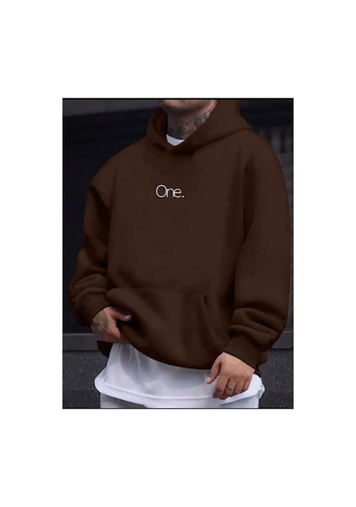 Medinenur One Yazı Baskılı Kapüşonlu Sweatshirt Kahverengi