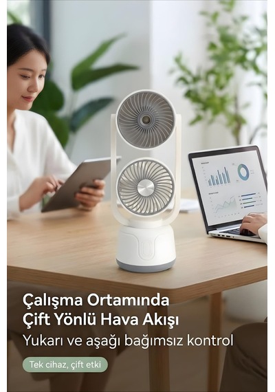 Şarjlı Çift Su Püskürtmeli 3 Kademeli Ayarlanabilir Masaüstü Fan Gri