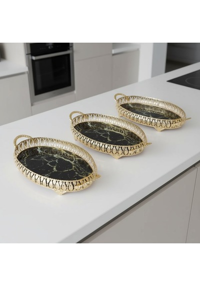 3 Adet Gold Renk Mermer Desen Metal Çerçeveli Cam Nişan-servis Tepsi Seti 28 19 Cm Rosegold