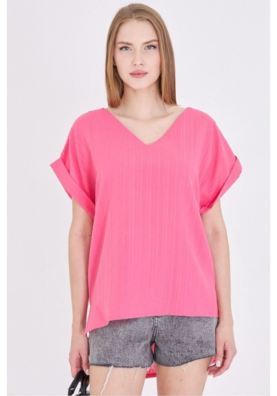 Armonika Kadın Fuşya V Yaka Yanları Yırtmaçlı Arkası Uzun Duble Kol Detaylı Oversize Bluz Arm-24y001074