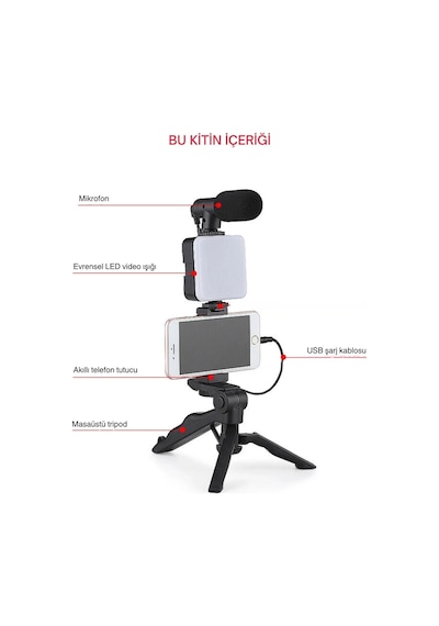 Shopytech 5 İ 1 Arada Mikrofonlu Led Işıklı Vlog Kiti Tabanca Tutuşlu Masaüstü Tripod & Selfie Stick 1 Adet