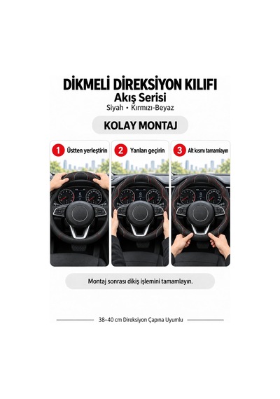 Trobus Ford Transit Connect 2002-2013 Uyumlu Dikmeli Direksiyon Kılıfı Akış Siyah Kırmızı-beyaz Siyah - Kırmızı-beyaz