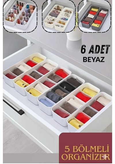 5 Bölmeli Düzenleyici, Saat, Takı, Toka, Çorap, İç Çamaşırı Organizeri 6 Adet Beyaz