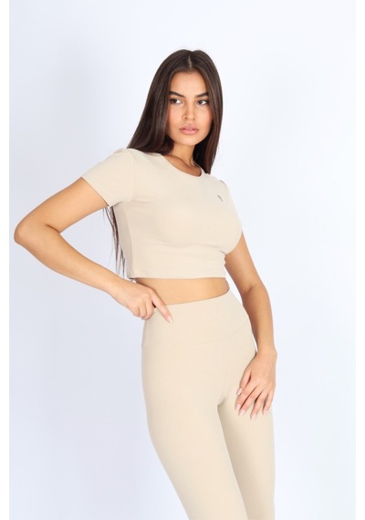 Kadın Organik Kumaş Bisiklet Yaka Vücuda Oturan Slim Fit Atlet Bluz Bej