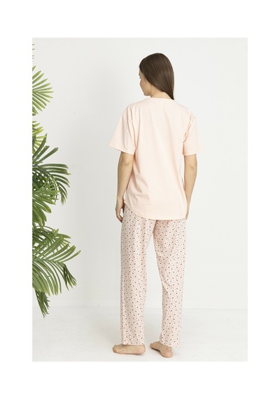 Estiva Kadın Kalp Alt Desenli Somon Penye Lycra Kısa Kollu Pijama Takımı Çok renkli