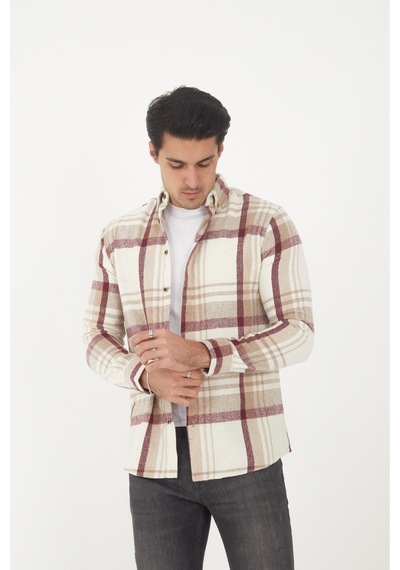 Mcz Giyim Bej Renk Uzun Kollu Slim Fit Erkek Oduncu Gömleği