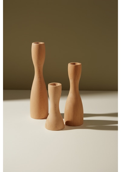 Dekoratif 3’lü Ahşap Mumluk Set Modern Minimalist Doğal Şamdan Ofis Ev Mum Standı Rustic