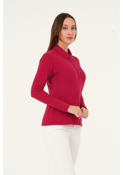 Msw Kadın Uzun Kollu Regular Fit Polo Yaka T-shirt Açık Bordo