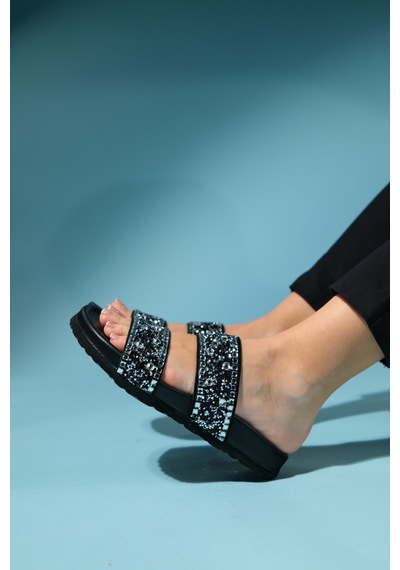 Luvishoes James Siyah Taşlı Çift Bantlı Hakiki Deri Kadın Terlik Siyah