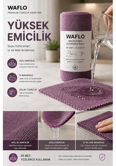 Mikrofiber Temizlik Bezi Rulo 20'li Mürdüm Yüksek Emicilik, Tekrar Kullanılabilir, İz Bırakmaz Çok Renkli