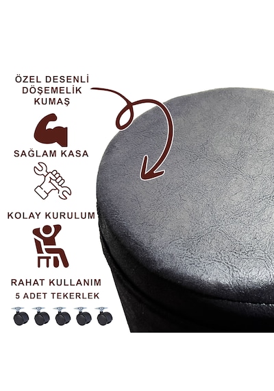 Siyah Nubuk Kumaş 5 Tekerlekli Yuvarlak Puf Modern Dekoratif Oturma Pufu