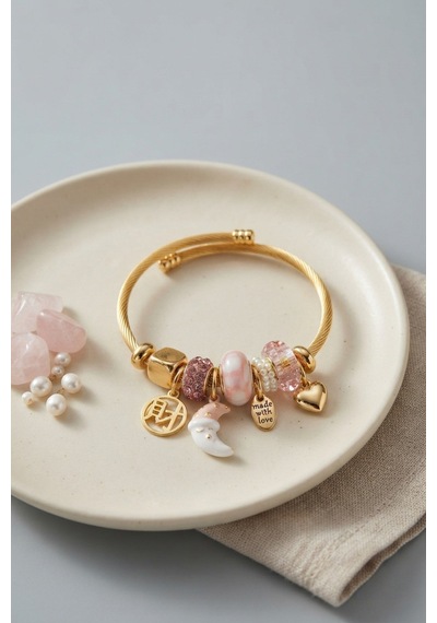 Ay Ve Pembe Charmlı Kadın Bileklik Açık Mavi